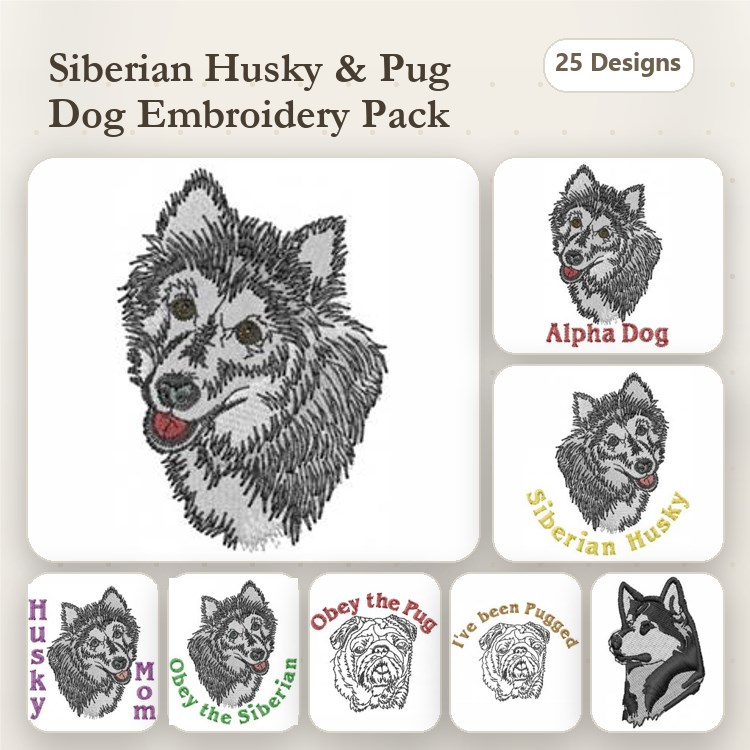 Siberian Husky Embroidery Bundle – Alpha Dog & More (25 Designs)