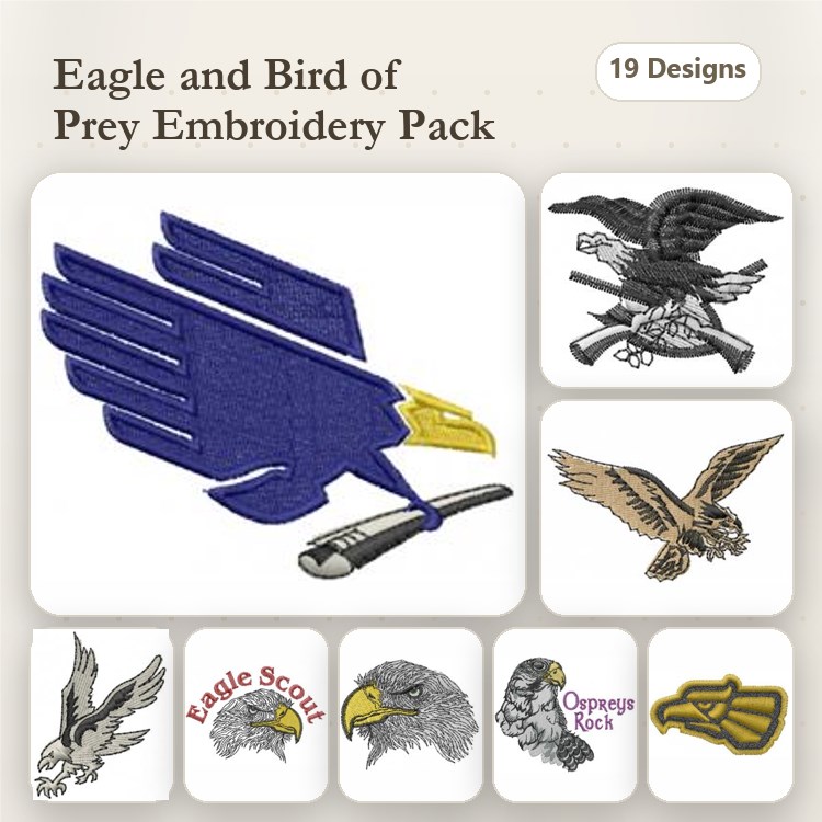 Eagles & Birds of Prey Embroidery Bundle – Eagle Scout, Golden Eagle, Hawk & More (19 Designs)