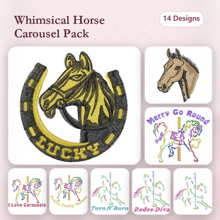 Horse & Carousel Embroidery Bundle – Lucky Horse, I Love Carousel, Rodeo Diva & More (14 Designs)