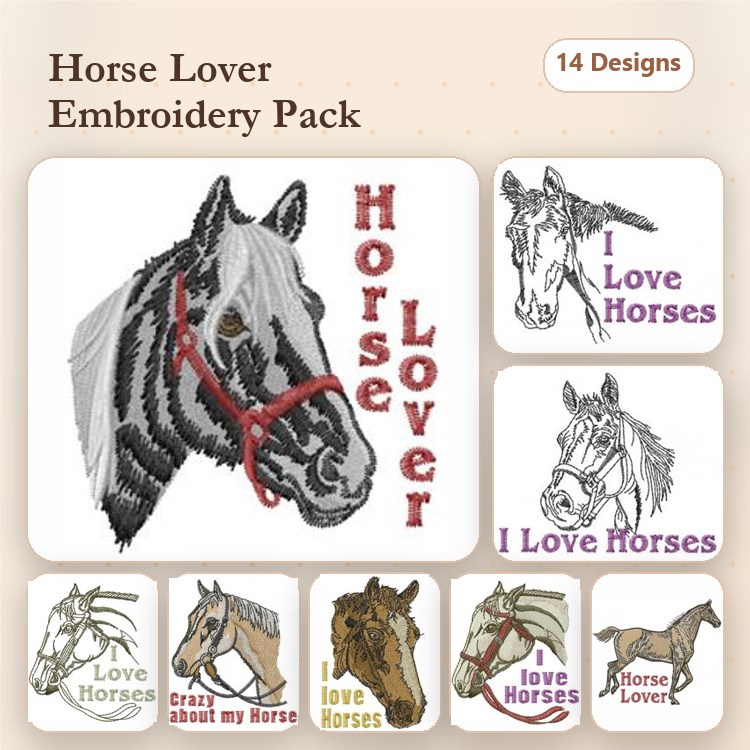 Horse Lover Embroidery Bundle – I Love Horses, Pony Mischief, Happy Horse & More (14 Designs)