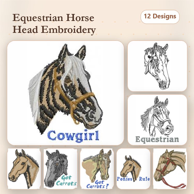 Equestrian Horse Heads Embroidery Designs Bundle – Cowgirl Horse Head, Horse with Carrots, Ponies Rule & More (12 Designs)