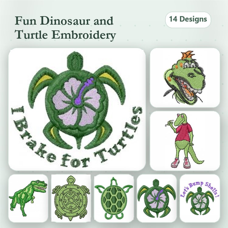 Dinosaurs & Turtles Embroidery Designs Bundle – Dinosaur with Flower, Turtle Design, Funny Turtle Saying & More (14 Designs)