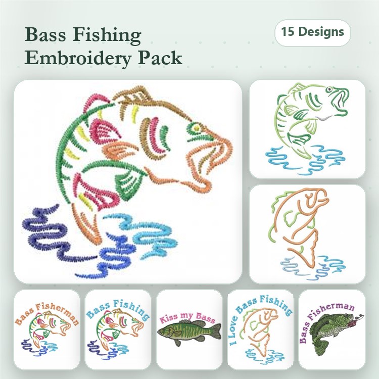 Bass Fishing Embroidery Designs Bundle – Kiss My Bass, I Love Bass Fishing, Bass Silhouette & More (15 Designs)