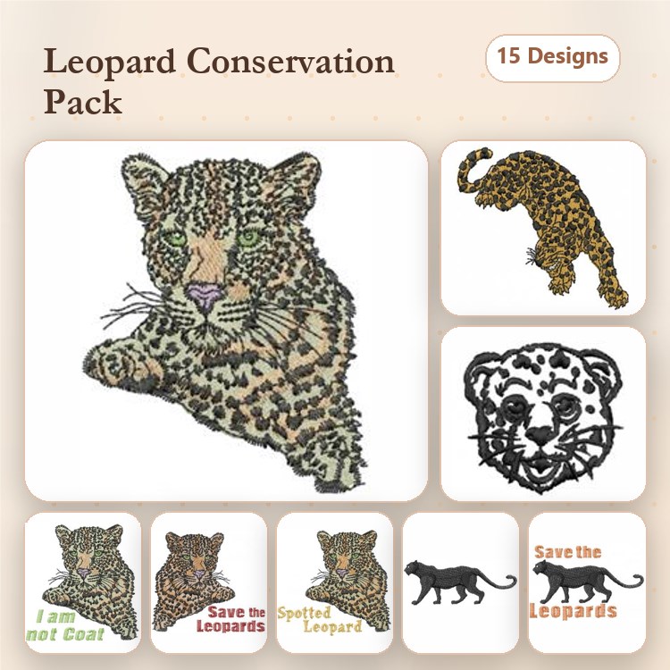 Leopard Conservation Embroidery Designs Bundle – Leopard Portrait, Leopard Cub, Save the Leopards & More (15 Designs)