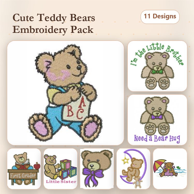 Cute Teddy Bears Embroidery Designs Bundle – Teddy Bear with ABC Blocks, Need a Bear Hug, Teddy Bear Holding Heart & More (11 Designs)