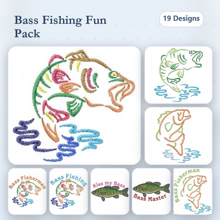 Fishing Icons Embroidery Bundle – Bass Fishing, Bass Fisherman, Kiss My Bass & More (19 Designs)