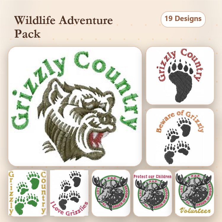 Wildlife Adventure Embroidery Bundle – Grizzly Bear, Bear Paw Print, Beware of Grizzly Sign & More (19 Designs)