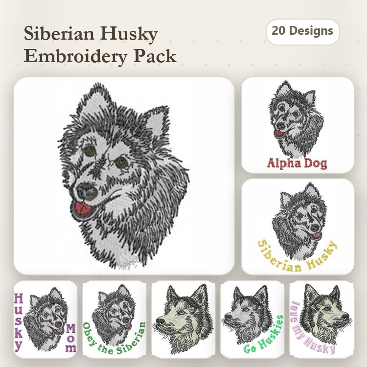 Siberian Husky Embroidery Bundle – Dog Themed Designs (20 Designs)