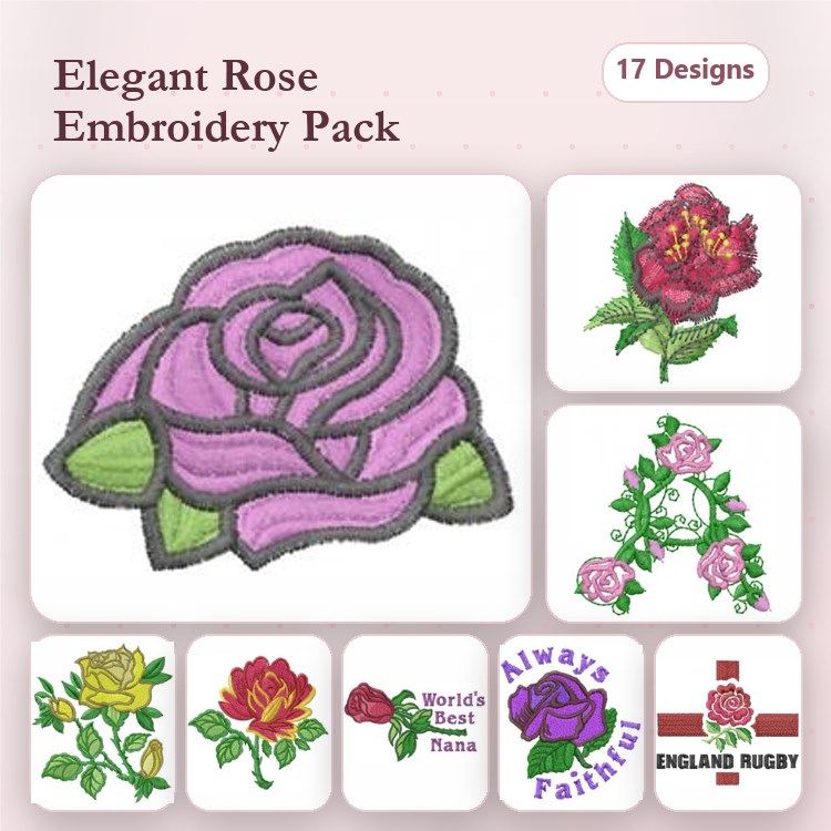 Elegant Rose Embroidery Bundle – Pink Rose, Red Rose, Yellow Rose & More (17 Designs)