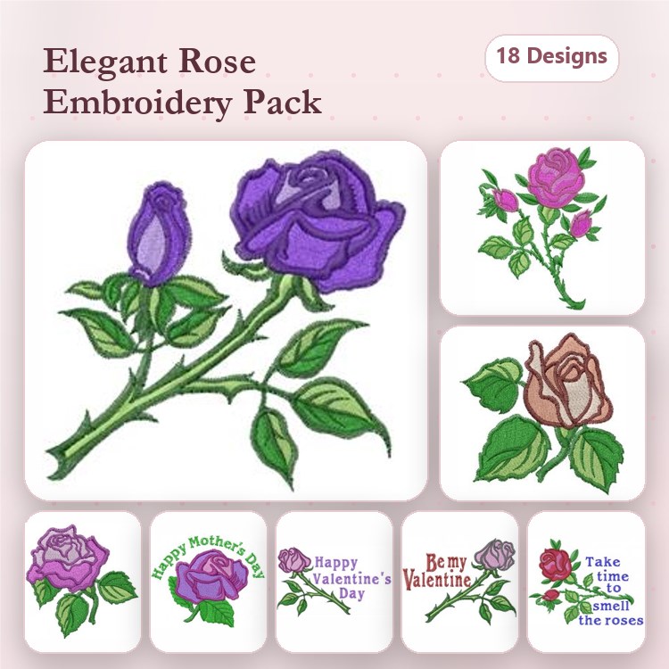 Elegant Roses Embroidery Designs Bundle – Purple Rose, Pink Rose, Brown Rose & More (18 Designs)