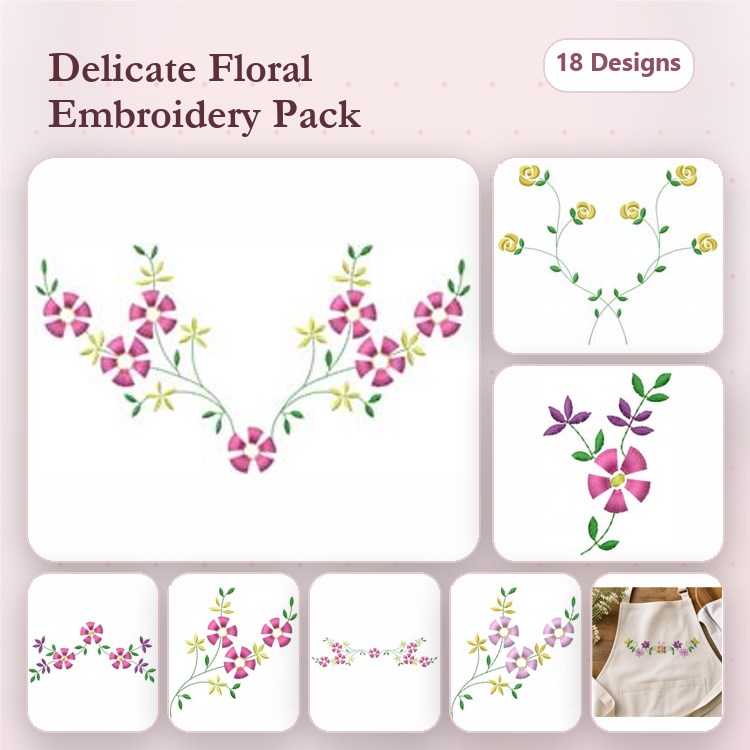 Floral Embellishment Embroidery Bundle – Delicate Floral Arrangement, Cluster of Pink Flowers, Floral Vine & More (18 Designs)