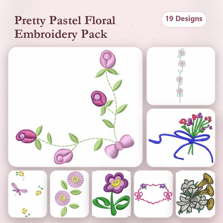 Floral Embroidery Designs Bundle – Floral Vine with Bow, Single Stem Flower, Floral Bouquet & More (19 Designs)