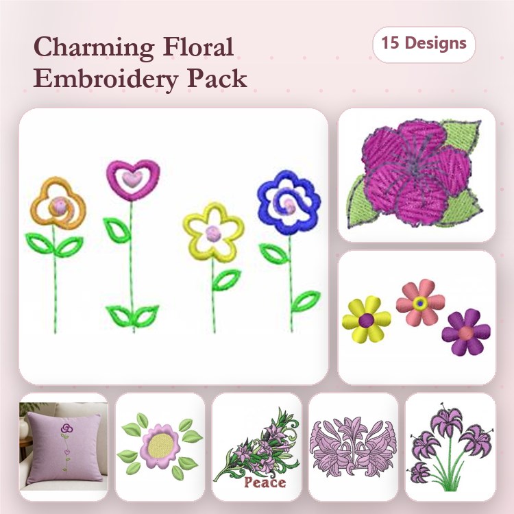 Charming Floral Embroidery Designs Bundle – Heart Flower, Purple Flower, Daisy & More (15 Designs)
