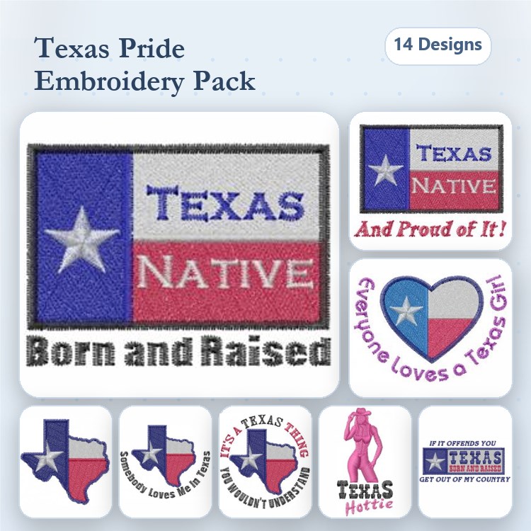 Texas Pride Embroidery Designs Bundle – Texas Native, Born and Raised, Texas Star & More (14 Designs)