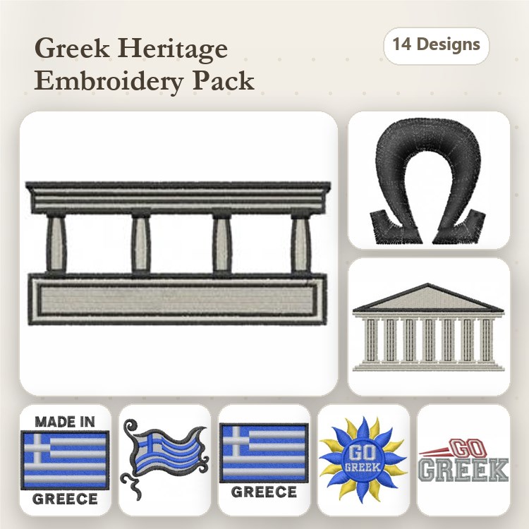Greek Heritage Symbols Embroidery Designs Bundle – Greek Column, Parthenon, Infinity Symbol & More (14 Designs)