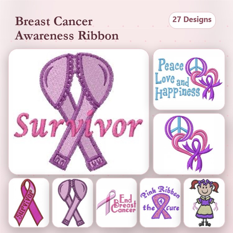 Breast Cancer Awareness Embroidery Designs Bundle – Ribbon, Survivor, Girl with Ribbon & More (27 Designs)