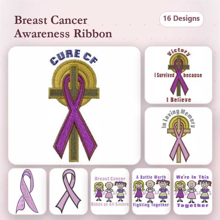 Breast Cancer Awareness Ribbon Embroidery Designs Bundle – Cure CF, Victory Ribbon, Simple Ribbon & More (16 Designs)
