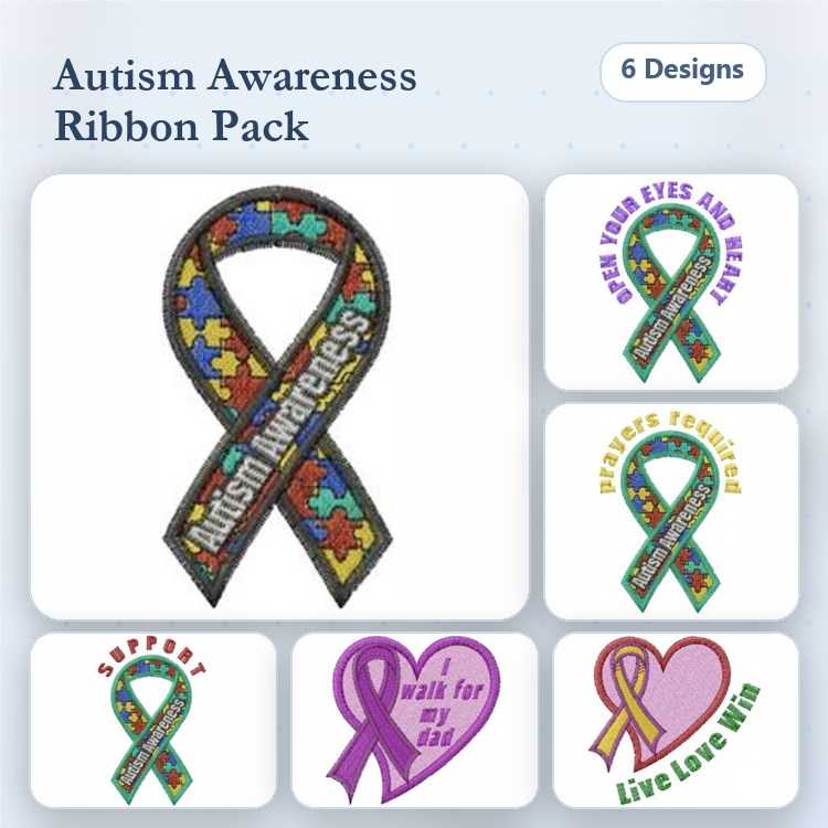 Autism Awareness Ribbons Embroidery Designs Bundle – Support Ribbon, Live Love Win, I Wait for My Dad & More (6 Designs)