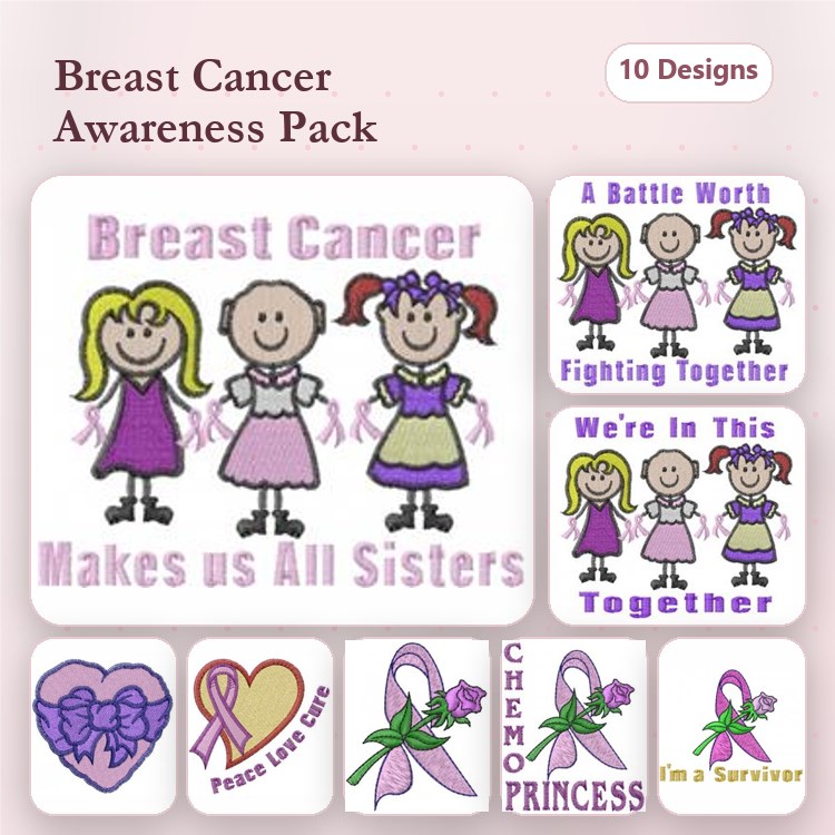 Breast Cancer Awareness Embroidery Designs Bundle – We're In This Together, I'm A Survivor, Heart with Ribbon & More (10 Designs)