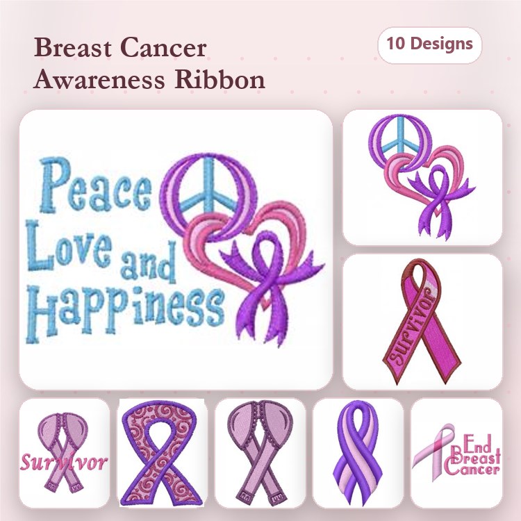 Breast Cancer Awareness Embroidery Designs Bundle – Peace Love and Happiness, Ribbons, Survivor & More (10 Designs)
