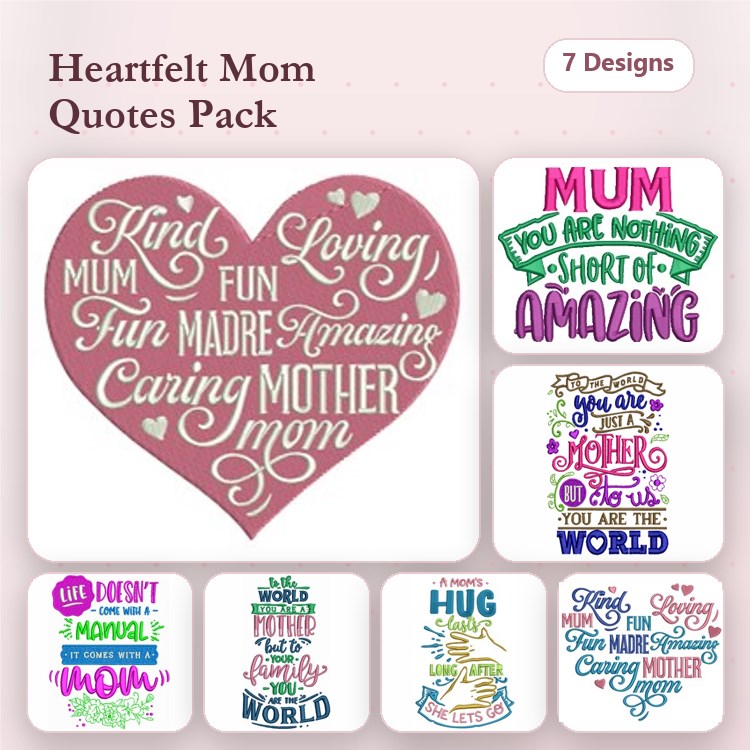 Motherhood Quotes Embroidery Designs Bundle – Kind Mum, Amazing Mum, Caring Mother & More (7 Designs)