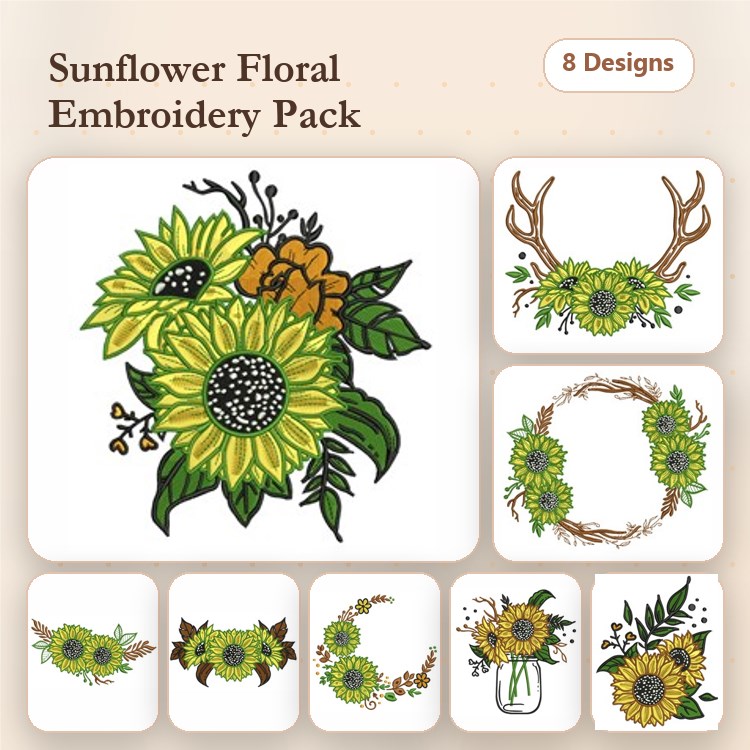 Sunflower Floral Embroidery Designs Bundle – Sunflower Bouquet, Sunflower Wreath, Sunflower Antlers & More (8 Designs)