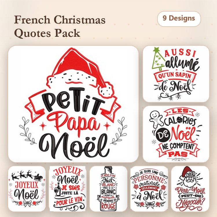 French Christmas Quotes Embroidery Bundle – Holiday Designs (9 Designs)
