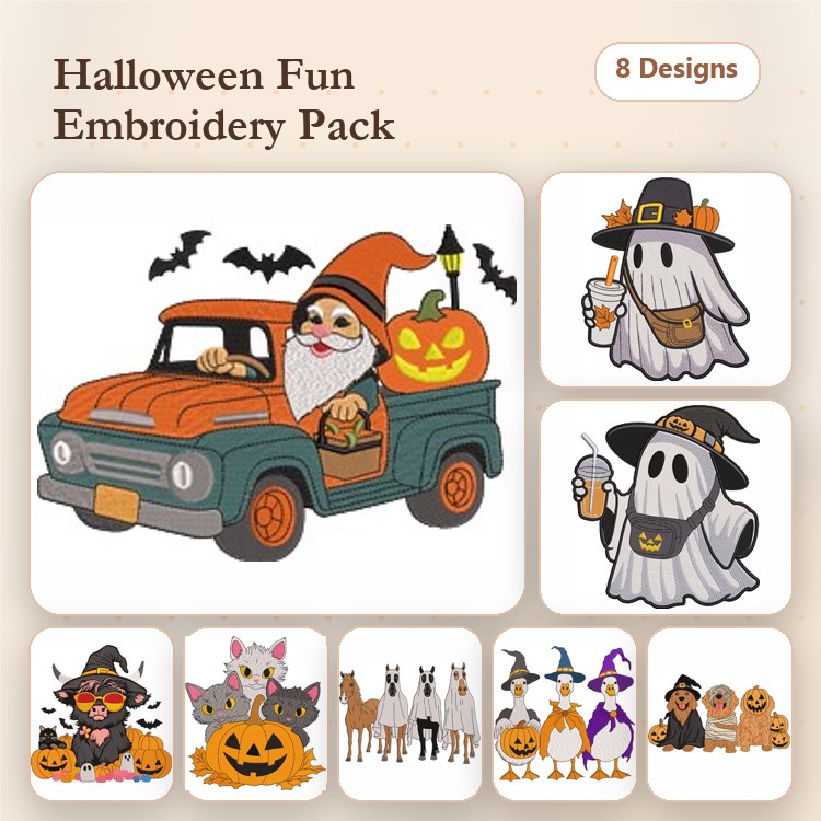 Halloween Gnome & Ghost Embroidery Bundle – Fun Designs (8 Designs)