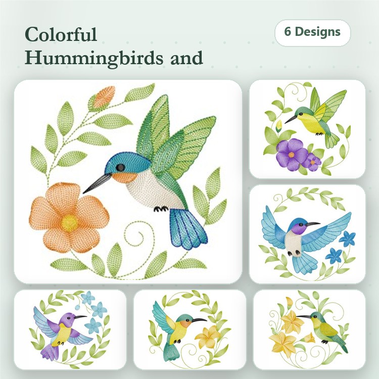Hummingbird Embroidery Bundle – Colorful Floral Designs (6 Designs)