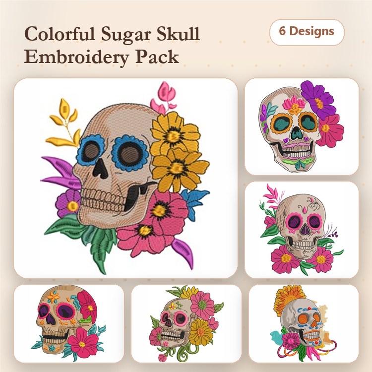 Colorful Sugar Skull Embroidery Bundle – Floral Designs (6 Designs)