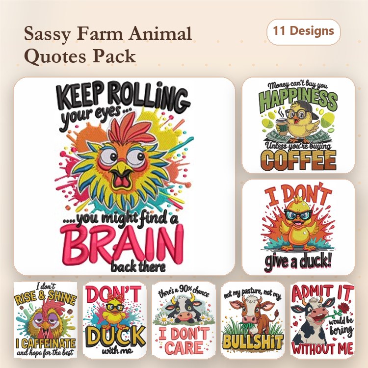 Sassy Farm Animal Quotes Embroidery Bundle – Fun and Whimsical Designs (11 Designs)