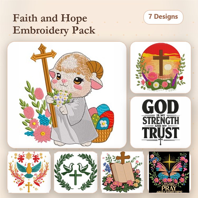 Lamb with Cross & Floral Designs Embroidery Bundle – Faith and Hope (7 Designs)