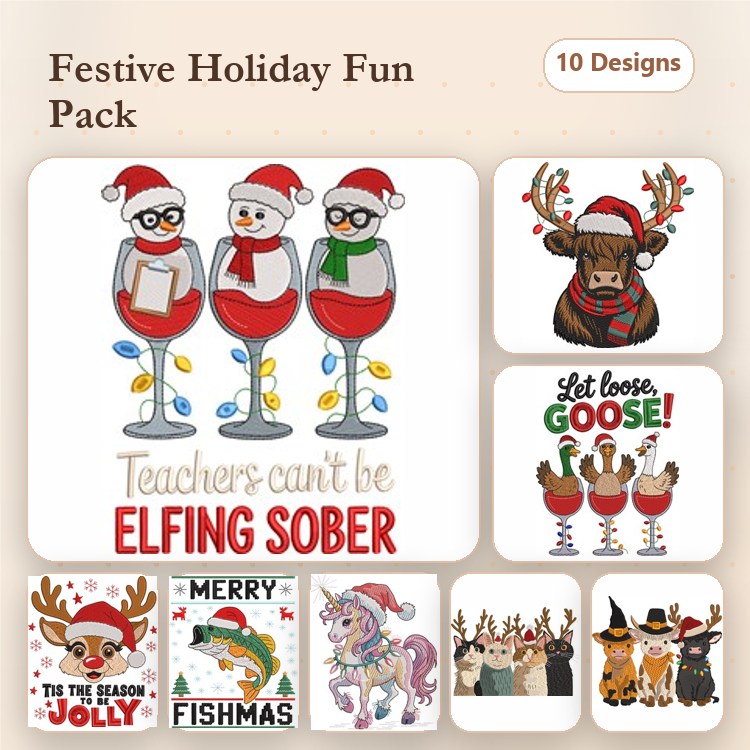 Festive Holiday Fun Embroidery Bundle – Cheerful Characters (10 Designs)