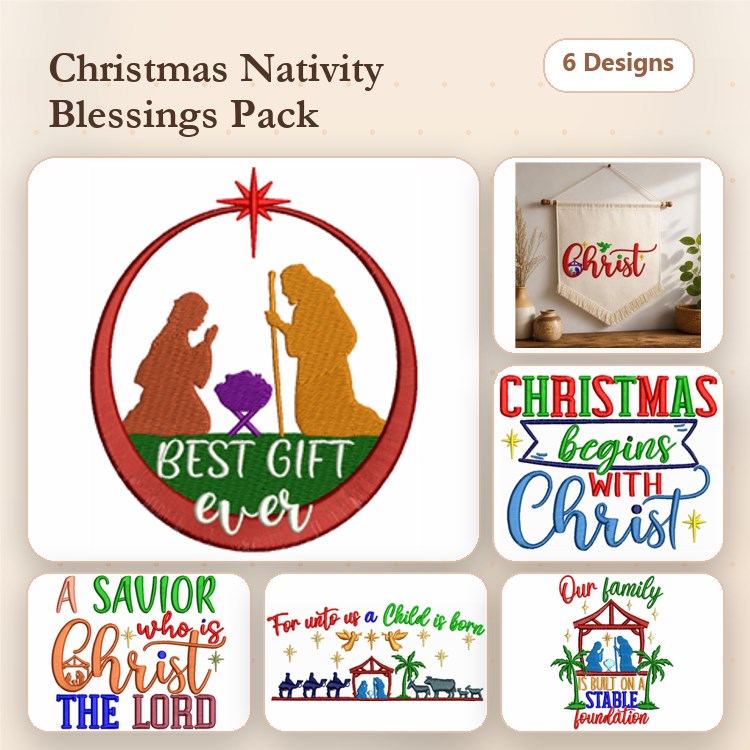 Christmas Nativity Embroidery Designs Bundle – Nativity Scene with Star, Best Gift Ever Ornament, & More (6 Designs)
