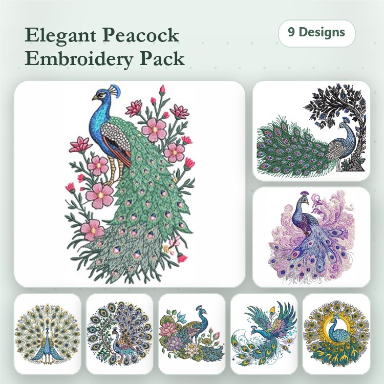 Elegant Peacock Embroidery Bundle – Floral & Nature Designs (9 Designs)