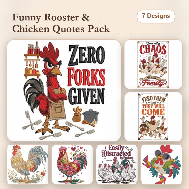 Funny Rooster & Chicken Quotes Embroidery Bundle – Humorous Farm Designs (7 Designs)