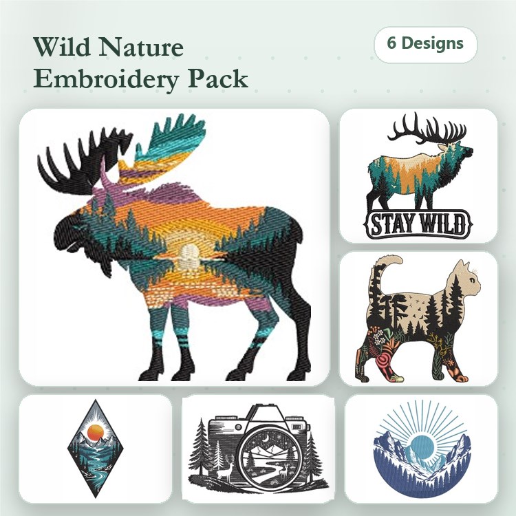 Moose & Mountain Landscape Embroidery Bundle – Wild Nature (6 Designs)