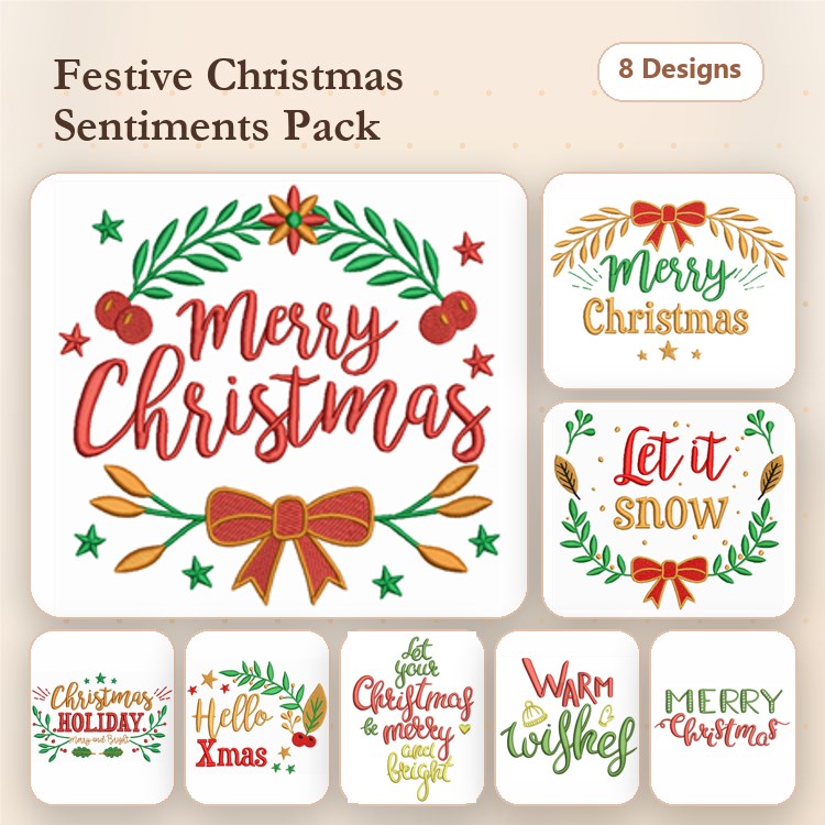 Christmas Sentiments Embroidery Designs Bundle – Merry Christmas Wreath, Let It Snow, Warm Wishes & More (8 Designs)