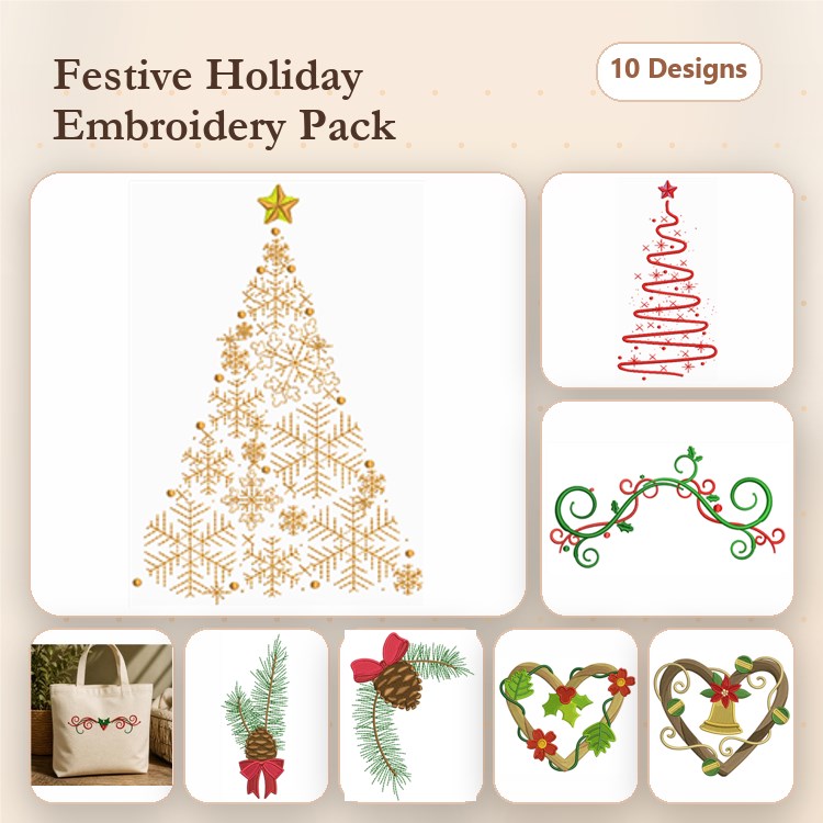 Festive Holiday Embroidery Designs Bundle – Christmas Tree, Swirling Ornament, Holly Leaves & More (10 Designs)
