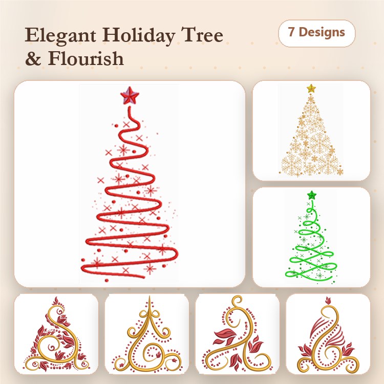 Holiday Tree Embroidery Designs Bundle – Elegant Holiday Tree, Flourish Tree, Sparkling Red Tree & More (7 Designs)