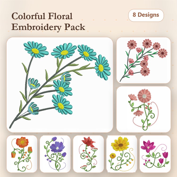 Colorful Floral Embroidery Designs Bundle – Blue Daisy Bouquet, Pink Floral Branch, Red Flower & More (8 Designs)