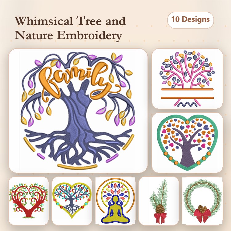 Whimsical Trees and Nature Embroidery Designs Bundle – Family Tree, Colorful Tree, Holiday Bell & More (10 Designs)