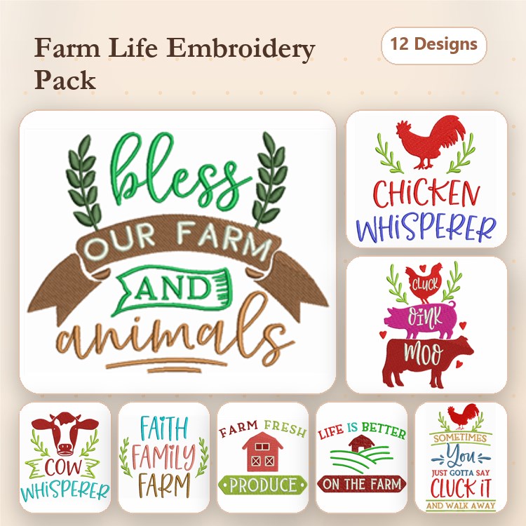 Farm Life Embroidery Designs Bundle – Bless Our Farm and Animals, Chicken Whisperer, Cow Whisperer & More (12 Designs)