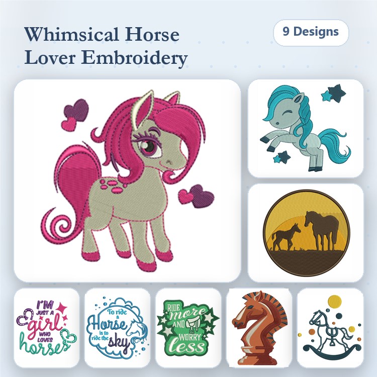 Horse-Themed Embroidery Designs Bundle – Cartoon Horse with Hearts, Horse Silhouette, Knight Chess Piece & More (9 Designs)