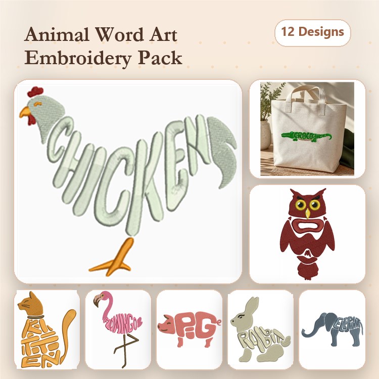 Animal Word Art Embroidery Bundle – Chicken, Cat, Dog, Flamingo & More (12 Designs)