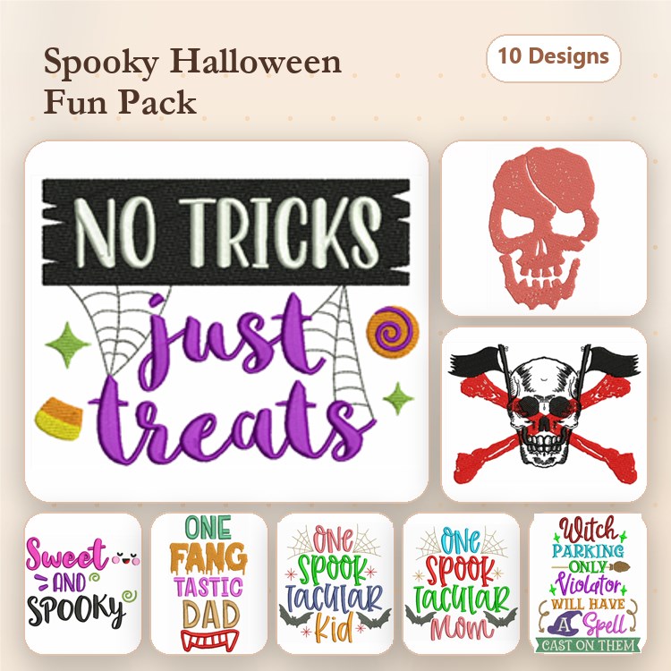 Halloween Themed Fun Embroidery Designs Bundle – No Tricks Just Treats, Pirate Skull, Witch Parking Only & More (10 Designs)