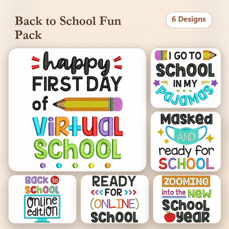 Back to School Embroidery Designs Bundle – Happy First Day of Virtual School, Masked and Ready for School & More (6 Designs)