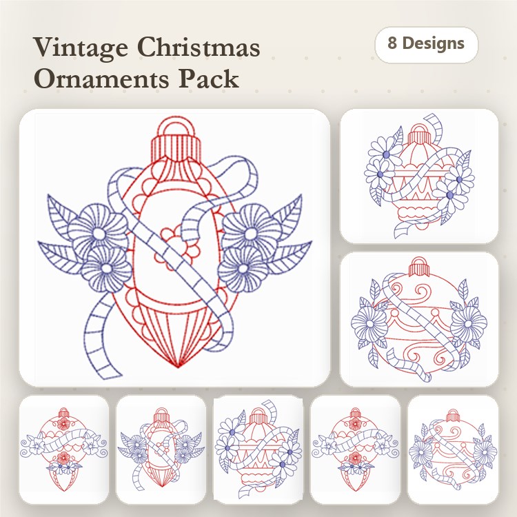 Redwork Vintage Christmas Ornament Embroidery Bundle – Ornaments with Ribbons, Flowers, Bows & More (8 Designs)