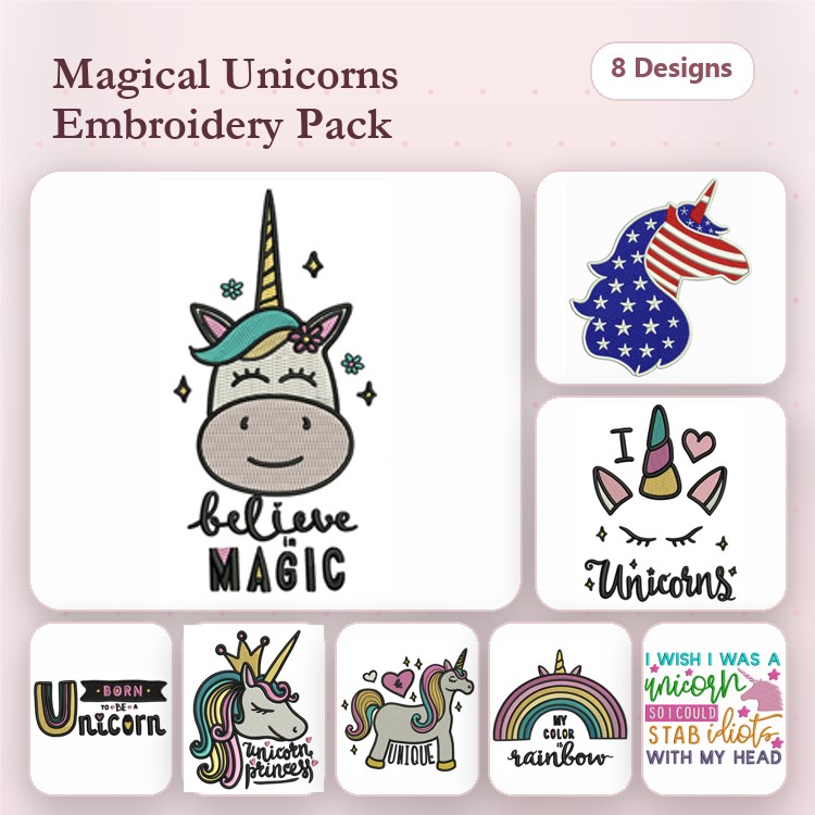 Magical Unicorns Embroidery Bundle – Unicorn with Stars, Believe in Magic Unicorn, Rainbow Unicorn & More (8 Designs)