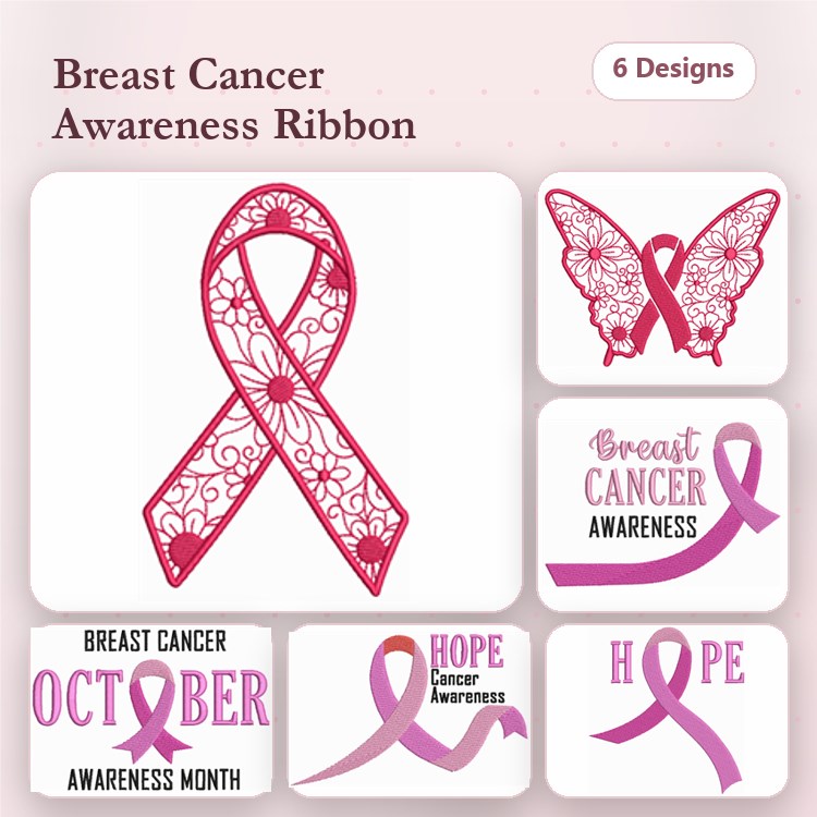 Breast Cancer Awareness Embroidery Designs Bundle – Lace Ribbon, Butterfly with Ribbon, Hope & More (6 Designs)